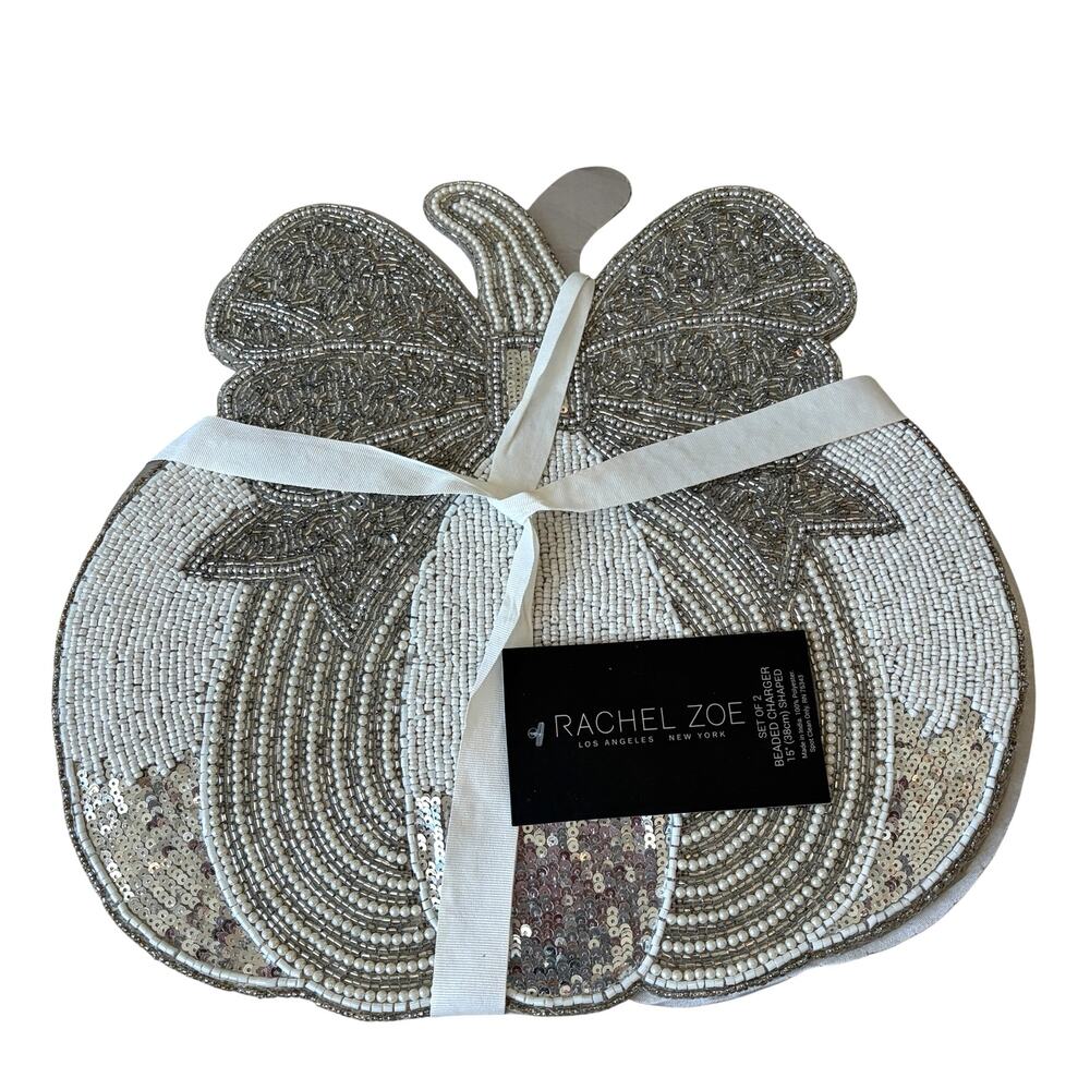 NEW Rachel Zoe Beaded Pumpkin Placemats Chargers 15" Bow Fall Thanksgiving 2pc - Picture 8 of 10